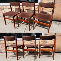 Front and rear view of three teak midcentury modern dining chairs with brown upholstery, showing overall condition and wear.