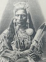 Close-up of pencil drawing of Medicine Crow showing detailed facial features, traditional attire, and signature by Kent Burles.