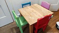 Photo of children's square wooden table with four colored chairs around it; table wood surface visible with minor discoloration and marks; chairs red, green, blue, and pink with paint chips and wear.