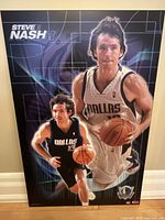 Front view of the Plak-It mount showing two images of Steve Nash in Dallas Mavericks uniforms dribbling a basketball on a graphic background.