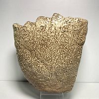 Front view of the ceramic large planter showing textured, rough, beige-brown surface with organic shape and uneven rim.