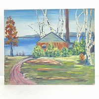 Front view of an unsigned oil painting on board showing a Canadian cottage scene with birch trees and a water body.