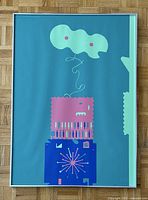 Entire framed artwork leaning against wall on parquet floor showing full composition and frame