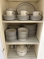 Cabinet view of stacked plates, bowls and mugs on upper shelves