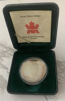 Coin displayed inside green velvet presentation case with certificate showing bilingual text indicating proof silver dollar status.