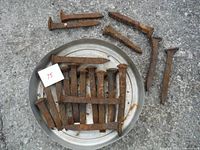 Eighteen old rusty railroad spikes laid on a metal tray and concrete surface.