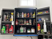 Photo of a black metal storage cabinet with two open doors showing multiple automotive cleaning products including oils, sprays, cans, and kits organized on three shelves.