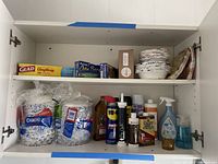 Shelf containing disposable Dixie Ultra plates and bowls, cleaning sprays, and food storage wraps.