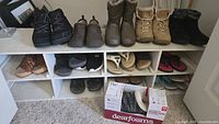 Overview of all shoes arranged on cubbies shelving showing multiple types including boots, sandals, slippers in box