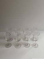 Full set of 8 antique etched cornflower glasses arranged in two rows showing all items and general style.