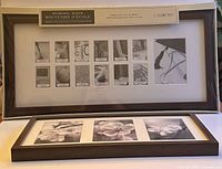 Two brown framed picture frames, one with a grid of 12 black and white school-themed photos, the other with three black and white flower photos horizontally arranged.