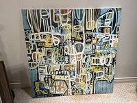 Full view of the square abstract painting showing the overall design and colors.
