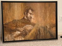 Framed painting of a bearded man playing guitar, close view showing texture and tones.