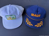 Two vintage men's snapback hats shown front view on dark surface.