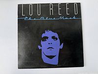 Front cover of Lou Reed The Blue Mask vinyl record album showing stylized blue portrait on black background with white text.