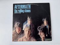Front cover of The Rolling Stones 'Aftermath' album showing band members and text in blue and white on black background.