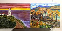 Two unframed oil paintings side by side; one lighthouse seascape at sunset, one autumn landscape with lake and mountains