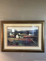 Full view of large framed farm painting with bronze finish frame and double matting.
