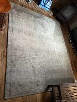 Top-down view of large gray synthetic area rug showing subtle organic and abstract pattern, hardwood floor background