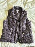 Brown quilted vest front view with snap buttons and zip, two front pockets, diamond quilted side panels