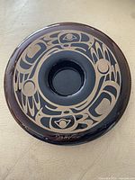 Top view showing First Nations design and Roy Vickers signature on glass bowl.