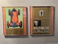 Front view of both framed artworks by Andy Warhol mounted on wall, showing detailed imagery and text on both pieces.
