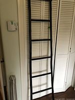 Full view of the decorative black bamboo ladder standing vertically next to a white folding door, showing six horizontal rungs and two vertical supports.