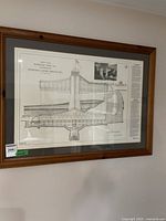 Full view of framed technical print showing detailed engineering drawing of hydraulic lock structure, wooden frame and glass front visible.