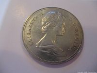 Obverse side of the 1969 Canadian 50 cent coin showing Queen Elizabeth II.
