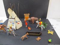 Wide view of Playmobil Native American set showing teepee, figures on horses, buffalo, and various accessories.