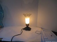 Full view of the lit tulip-shaped glass shade table lamp showing overall height and cord.