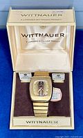 Watch in original Wittnauer box showing case, dial, bracelet, and tags