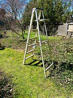 Aluminum folding ladder standing outdoors on grass, showing front view with steps and platform.