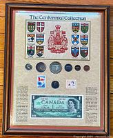 Full view of framed collection with mat board, shields, coins, stamps and banknote