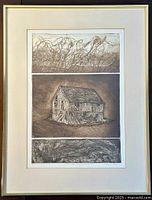 Framed art print with three-panel design showing rural agricultural themes in brown tones, framed in white and gold-edged frame with cream matting.