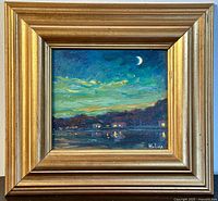 Frontal view of painting showing nocturnal lakeshore scene under crescent moon in gilded frame