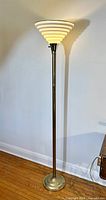 Full view of vintage Art Deco style torchiere floor lamp showing height and shape