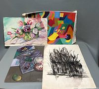 All four paintings displayed together, showing variety in style and medium.