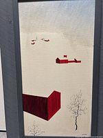 Full view of the winterscape farm landscape oil painting with red barns and black line trees on white canvas.