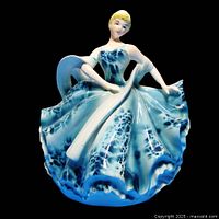 Front view of the 1960 Sampson Import Co Japan porcelain planter/vase shaped as a glamorous lady in a flowing blue and white dress.