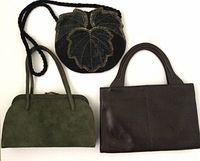 Three vintage purses shown together on a white surface: a green suede handbag, a dark brown leather handbag, and a small black beaded evening bag with a black braided strap.