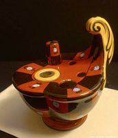 Side-front view of Art Deco inkwell showing the unique wax stamp holder and the hand painted floral and check pattern.