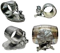 Collage showing all four figural napkin rings: hockey sticks, bird, water lily, leaf/barrel