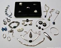 All items spread out with five rings in a black velvet display case and various necklaces, bracelets, earrings, brooches, and clips laid around
