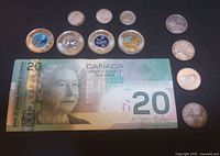 Photo of front side of 2008 Canadian $20 bill with four $2 coins dated 2021, 2023, and 2 from 2024