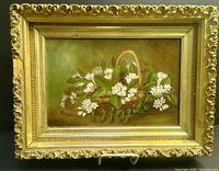 Front view of Victorian floral oil painting featuring snowdrops and berries in a basket with ornate gold frame.