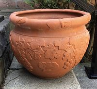 Side view showing grape cluster, grape leaves, and butterflies around the pot.