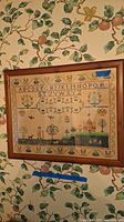 Full view of framed embroidery with alphabet, floral and farm motifs, in wooden frame hung on floral wallpaper.