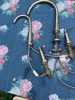 Brushed nickel gooseneck faucet assembly on floral cloth