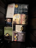 Top view of multiple books arranged in a box, various titles including Chicken Soup for the Soul, Command of Honor, Who Owns the Water among others.